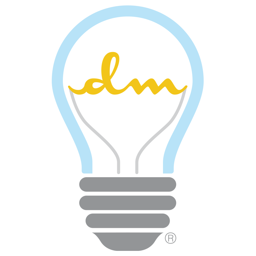 Blue, gray, and yellow Diversity Masterminds light bulb logo with the initials D and M used in the filament.